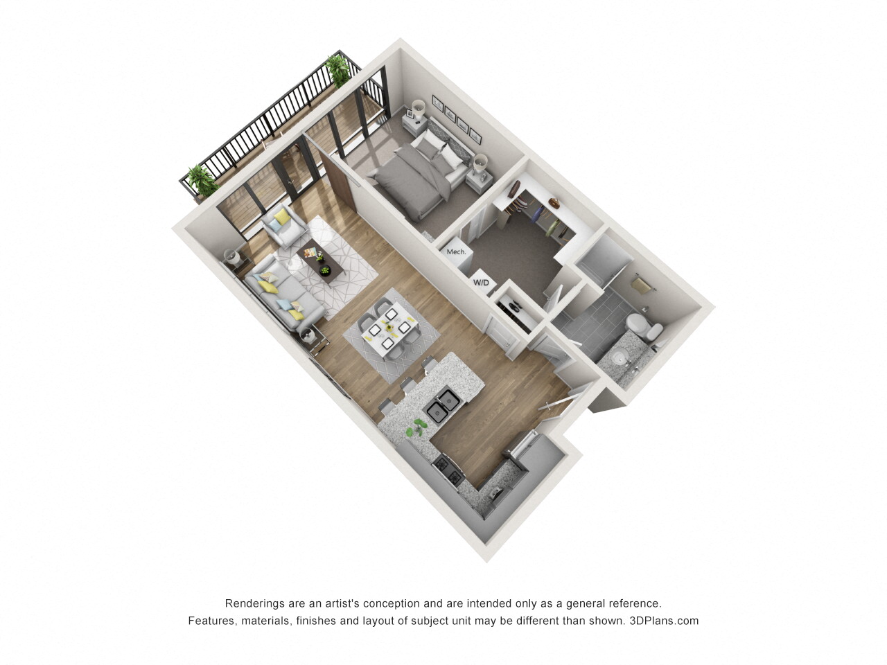 Floor plan for 1 bed, 1 bath, 697 sqft
